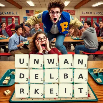 Kreative Illustration für ein Scrabble-Spiel, bei dem das Wort UNWANDELBARKEIT mit Steinen auf dem Brett gelegt wurde.