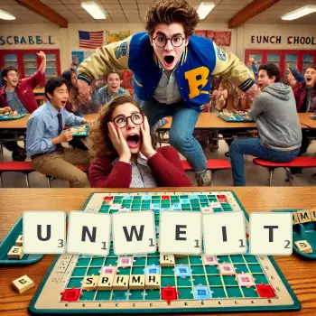 Kreative Illustration für ein Scrabble-Spiel, bei dem das Wort UNWEIT mit Steinen auf dem Brett gelegt wurde.