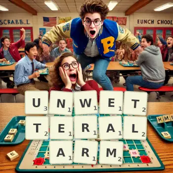 Kreative Illustration für ein Scrabble-Spiel, bei dem das Wort UNWETTERALARM mit Steinen auf dem Brett gelegt wurde.