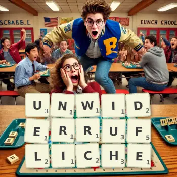 Kreative Illustration für ein Scrabble-Spiel, bei dem das Wort UNWIDERRUFLICHE mit Steinen auf dem Brett gelegt wurde.