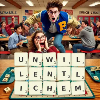 Kreative Illustration für ein Scrabble-Spiel, bei dem das Wort UNWILLENTLICHEM mit Steinen auf dem Brett gelegt wurde.