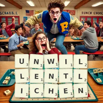 Kreative Illustration für ein Scrabble-Spiel, bei dem das Wort UNWILLENTLICHEN mit Steinen auf dem Brett gelegt wurde.