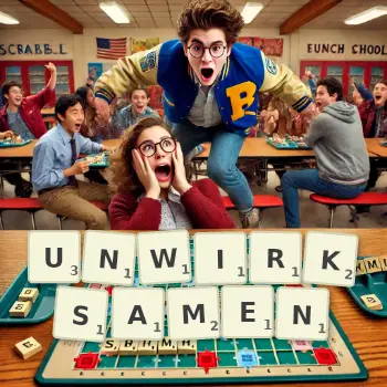 Kreative Illustration für ein Scrabble-Spiel, bei dem das Wort UNWIRKSAMEN mit Steinen auf dem Brett gelegt wurde.