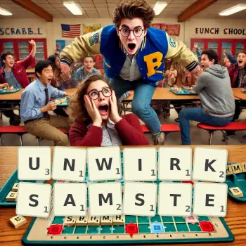 Kreative Illustration für ein Scrabble-Spiel, bei dem das Wort UNWIRKSAMSTE mit Steinen auf dem Brett gelegt wurde.