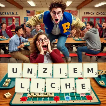 Kreative Illustration für ein Scrabble-Spiel, bei dem das Wort UNZIEMLICHE mit Steinen auf dem Brett gelegt wurde.