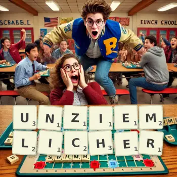 Kreative Illustration für ein Scrabble-Spiel, bei dem das Wort UNZIEMLICHER mit Steinen auf dem Brett gelegt wurde.