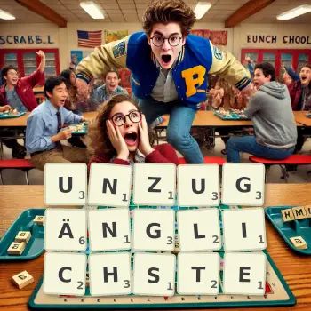 Kreative Illustration für ein Scrabble-Spiel, bei dem das Wort UNZUGÄNGLICHSTE mit Steinen auf dem Brett gelegt wurde.