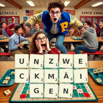 Kreative Illustration für ein Scrabble-Spiel, bei dem das Wort UNZWECKMÄIGEN mit Steinen auf dem Brett gelegt wurde.