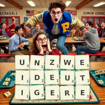 Kreative Illustration für ein Scrabble-Spiel, bei dem das Wort UNZWEIDEUTIGERE mit Steinen auf dem Brett gelegt wurde.