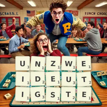 Kreative Illustration für ein Scrabble-Spiel, bei dem das Wort UNZWEIDEUTIGSTE mit Steinen auf dem Brett gelegt wurde.