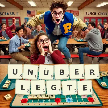 Kreative Illustration für ein Scrabble-Spiel, bei dem das Wort UNÜBERLEGTE mit Steinen auf dem Brett gelegt wurde.