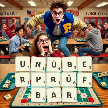 Kreative Illustration für ein Scrabble-Spiel, bei dem das Wort UNÜBERPRÜFBAR mit Steinen auf dem Brett gelegt wurde.