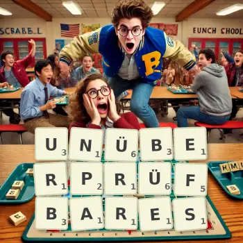 Kreative Illustration für ein Scrabble-Spiel, bei dem das Wort UNÜBERPRÜFBARES mit Steinen auf dem Brett gelegt wurde.