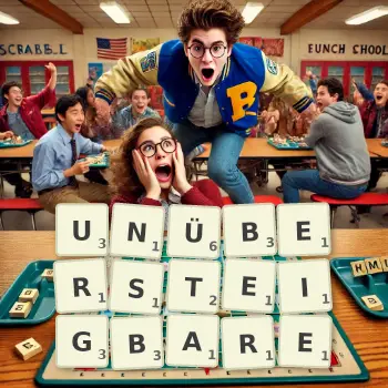 Kreative Illustration für ein Scrabble-Spiel, bei dem das Wort UNÜBERSTEIGBARE mit Steinen auf dem Brett gelegt wurde.