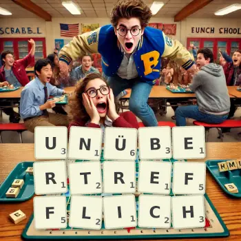 Kreative Illustration für ein Scrabble-Spiel, bei dem das Wort UNÜBERTREFFLICH mit Steinen auf dem Brett gelegt wurde.