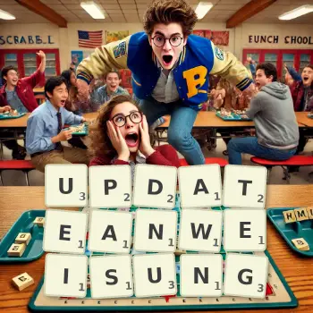 Kreative Illustration für ein Scrabble-Spiel, bei dem das Wort UPDATEANWEISUNG mit Steinen auf dem Brett gelegt wurde.