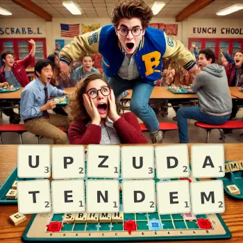 Kreative Illustration für ein Scrabble-Spiel, bei dem das Wort UPZUDATENDEM mit Steinen auf dem Brett gelegt wurde.