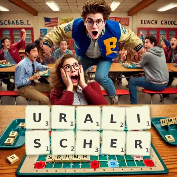 Kreative Illustration für ein Scrabble-Spiel, bei dem das Wort URALISCHER mit Steinen auf dem Brett gelegt wurde.