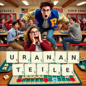 Kreative Illustration für ein Scrabble-Spiel, bei dem das Wort URANANTEILE mit Steinen auf dem Brett gelegt wurde.