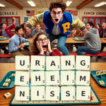 Kreative Illustration für ein Scrabble-Spiel, bei dem das Wort URANGEHEIMNISSE mit Steinen auf dem Brett gelegt wurde.