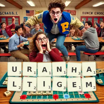 Kreative Illustration für ein Scrabble-Spiel, bei dem das Wort URANHALTIGEM mit Steinen auf dem Brett gelegt wurde.