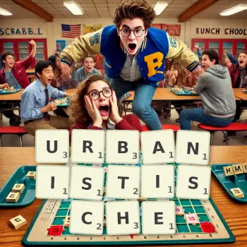 Kreative Illustration für ein Scrabble-Spiel, bei dem das Wort URBANISTISCHE mit Steinen auf dem Brett gelegt wurde.