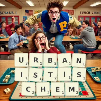 Kreative Illustration für ein Scrabble-Spiel, bei dem das Wort URBANISTISCHEM mit Steinen auf dem Brett gelegt wurde.