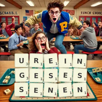 Kreative Illustration für ein Scrabble-Spiel, bei dem das Wort UREINGESESSENEN mit Steinen auf dem Brett gelegt wurde.