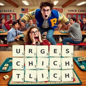 Kreative Illustration für ein Scrabble-Spiel, bei dem das Wort URGESCHICHTLICH mit Steinen auf dem Brett gelegt wurde.