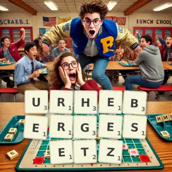 Kreative Illustration für ein Scrabble-Spiel, bei dem das Wort URHEBERGESETZ mit Steinen auf dem Brett gelegt wurde.