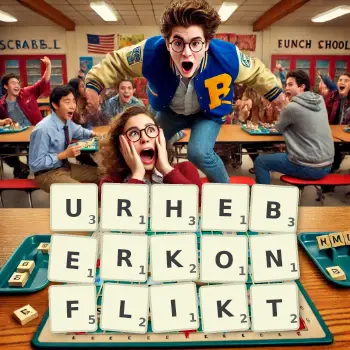 Kreative Illustration für ein Scrabble-Spiel, bei dem das Wort URHEBERKONFLIKT mit Steinen auf dem Brett gelegt wurde.