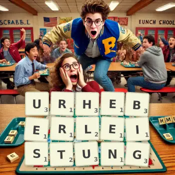 Kreative Illustration für ein Scrabble-Spiel, bei dem das Wort URHEBERLEISTUNG mit Steinen auf dem Brett gelegt wurde.