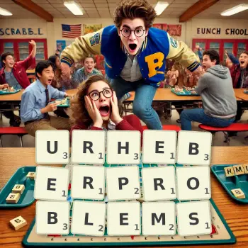 Kreative Illustration für ein Scrabble-Spiel, bei dem das Wort URHEBERPROBLEMS mit Steinen auf dem Brett gelegt wurde.