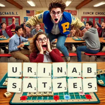 Kreative Illustration für ein Scrabble-Spiel, bei dem das Wort URINABSATZES mit Steinen auf dem Brett gelegt wurde.