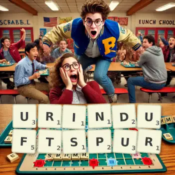 Kreative Illustration für ein Scrabble-Spiel, bei dem das Wort URINDUFTSPUR mit Steinen auf dem Brett gelegt wurde.