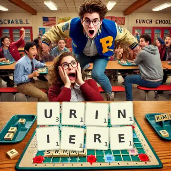 Kreative Illustration für ein Scrabble-Spiel, bei dem das Wort URINIERE mit Steinen auf dem Brett gelegt wurde.