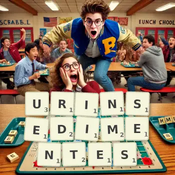 Kreative Illustration für ein Scrabble-Spiel, bei dem das Wort URINSEDIMENTES mit Steinen auf dem Brett gelegt wurde.