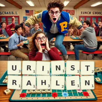 Kreative Illustration für ein Scrabble-Spiel, bei dem das Wort URINSTRAHLEN mit Steinen auf dem Brett gelegt wurde.