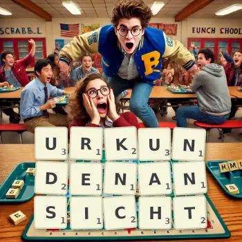 Kreative Illustration für ein Scrabble-Spiel, bei dem das Wort URKUNDENANSICHT mit Steinen auf dem Brett gelegt wurde.