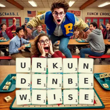 Kreative Illustration für ein Scrabble-Spiel, bei dem das Wort URKUNDENBEWEISE mit Steinen auf dem Brett gelegt wurde.