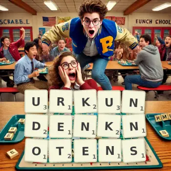 Kreative Illustration für ein Scrabble-Spiel, bei dem das Wort URKUNDENKNOTENS mit Steinen auf dem Brett gelegt wurde.