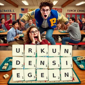 Kreative Illustration für ein Scrabble-Spiel, bei dem das Wort URKUNDENSIEGELN mit Steinen auf dem Brett gelegt wurde.