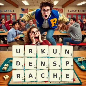 Kreative Illustration für ein Scrabble-Spiel, bei dem das Wort URKUNDENSPRACHE mit Steinen auf dem Brett gelegt wurde.