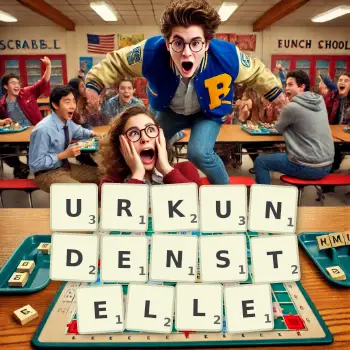 Kreative Illustration für ein Scrabble-Spiel, bei dem das Wort URKUNDENSTELLE mit Steinen auf dem Brett gelegt wurde.