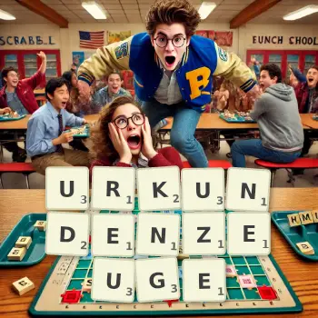 Kreative Illustration für ein Scrabble-Spiel, bei dem das Wort URKUNDENZEUGE mit Steinen auf dem Brett gelegt wurde.