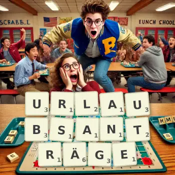 Kreative Illustration für ein Scrabble-Spiel, bei dem das Wort URLAUBSANTRÄGE mit Steinen auf dem Brett gelegt wurde.