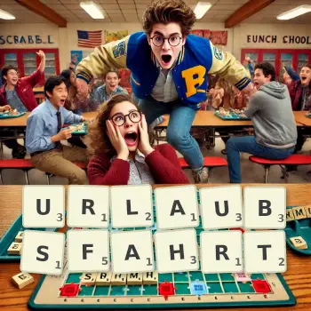 Kreative Illustration für ein Scrabble-Spiel, bei dem das Wort URLAUBSFAHRT mit Steinen auf dem Brett gelegt wurde.