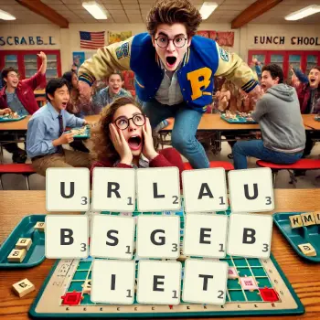 Kreative Illustration für ein Scrabble-Spiel, bei dem das Wort URLAUBSGEBIET mit Steinen auf dem Brett gelegt wurde.