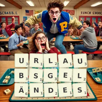 Kreative Illustration für ein Scrabble-Spiel, bei dem das Wort URLAUBSGELÄNDES mit Steinen auf dem Brett gelegt wurde.