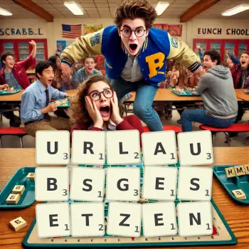 Kreative Illustration für ein Scrabble-Spiel, bei dem das Wort URLAUBSGESETZEN mit Steinen auf dem Brett gelegt wurde.